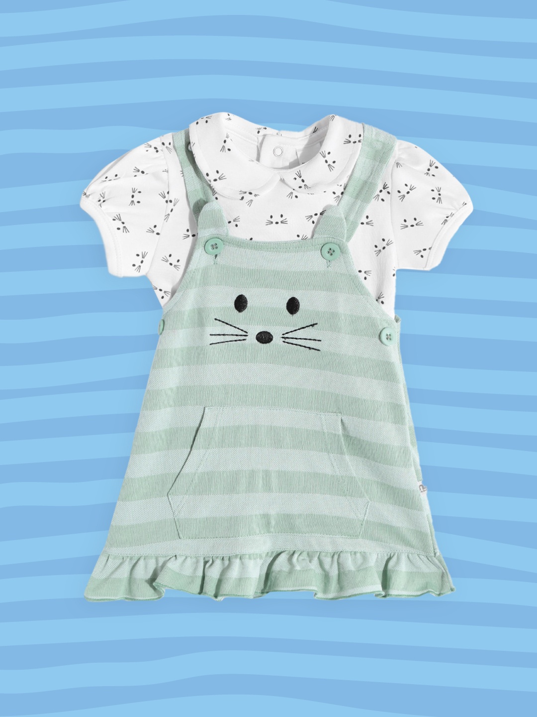 

Moms Love Girls Green & White Pure Cotton Striped Applique Pinafore Dress