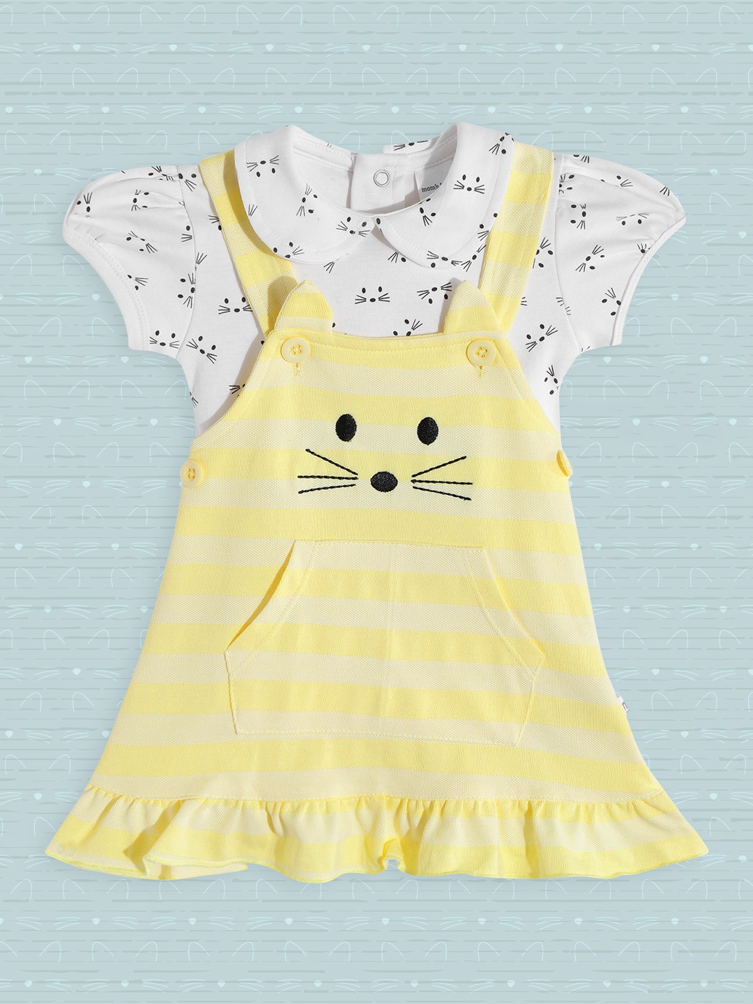 

Moms Love Girls Yellow & White Pure Cotton Striped Applique Pinafore Dress