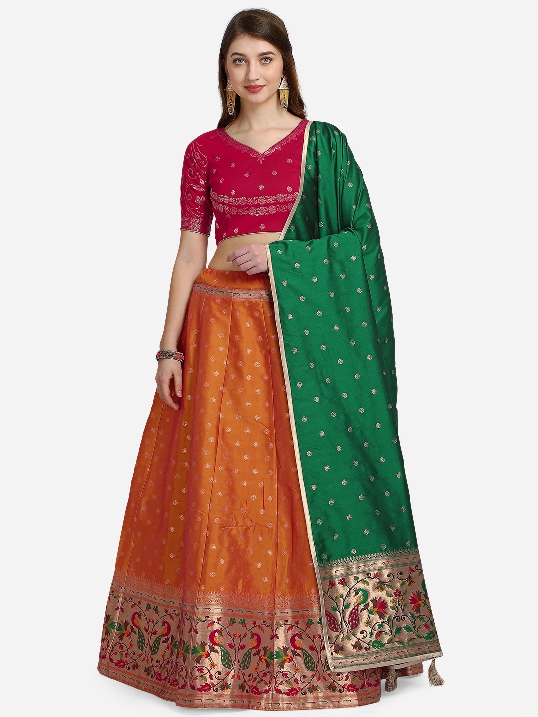 

NAKKASHI Yellow & Red Semi-Stitched Lehenga & Unstitched Blouse With Dupatta