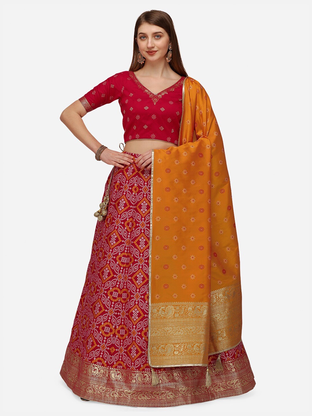 

NAKKASHI Red & Orange Semi-Stitched Lehenga & Unstitched Blouse With Dupatta