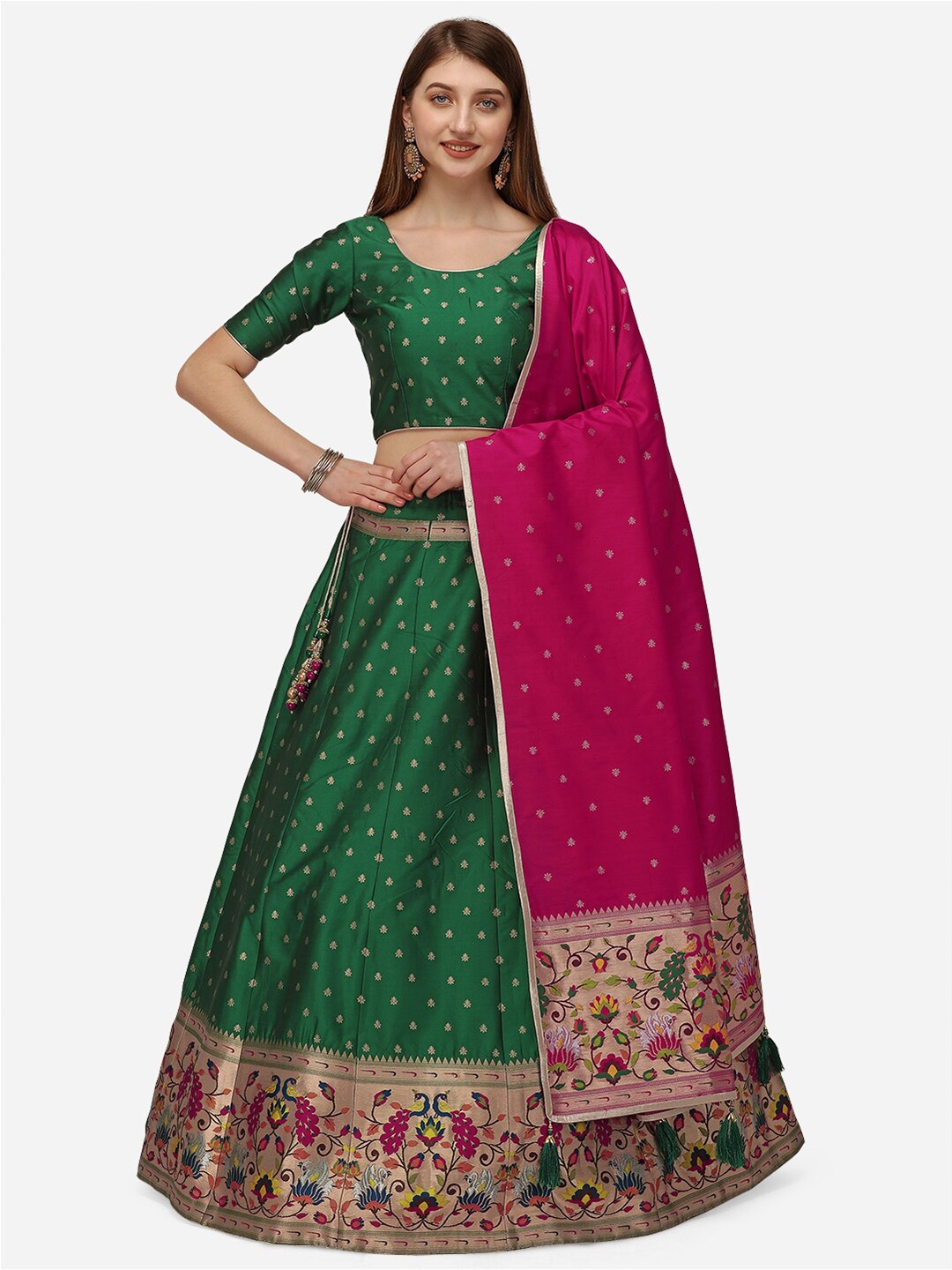 

NAKKASHI Green & Pink Semi-Stitched Lehenga & Unstitched Blouse With Dupatta