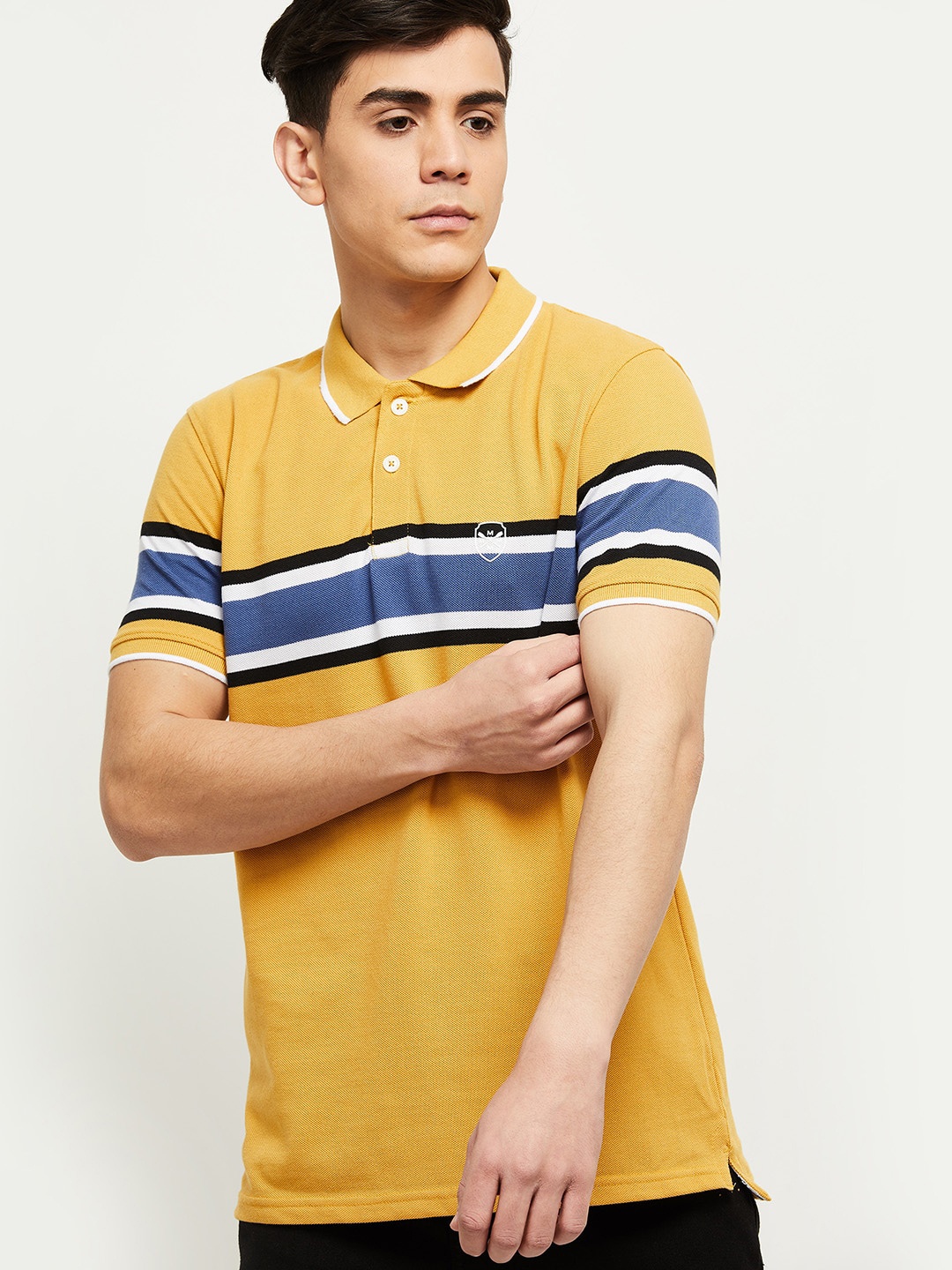 

max Men Yellow Striped Polo Collar Cotton T-shirt
