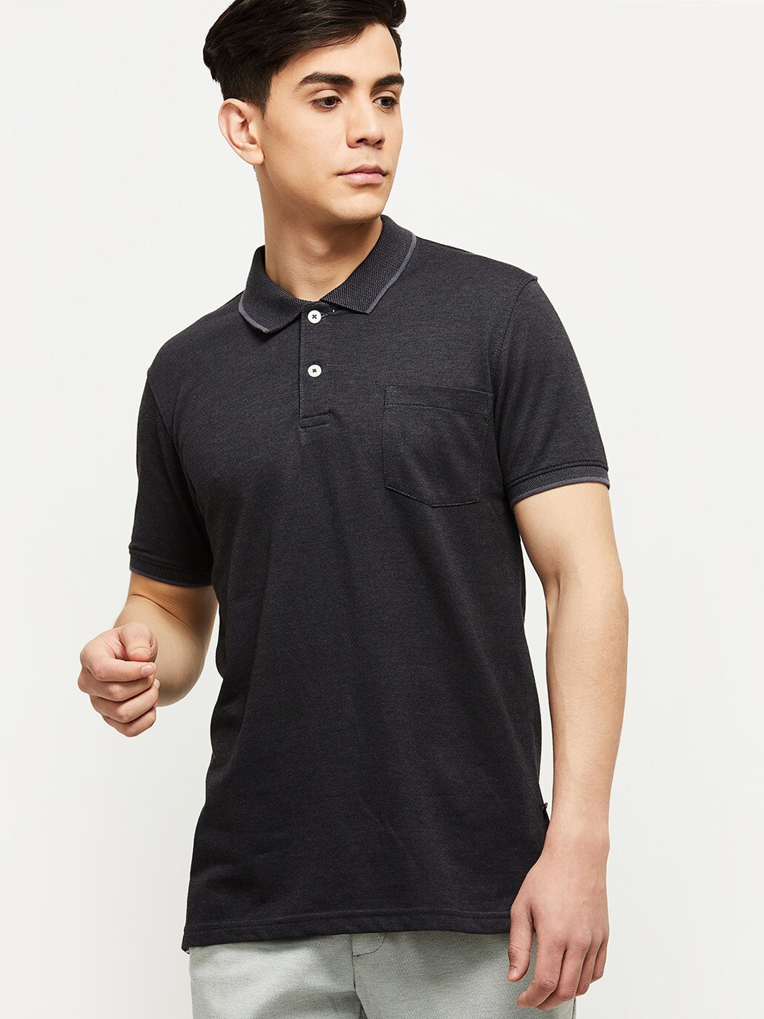 

max Men Charcoal Grey Polo Collar Cotton T-shirt