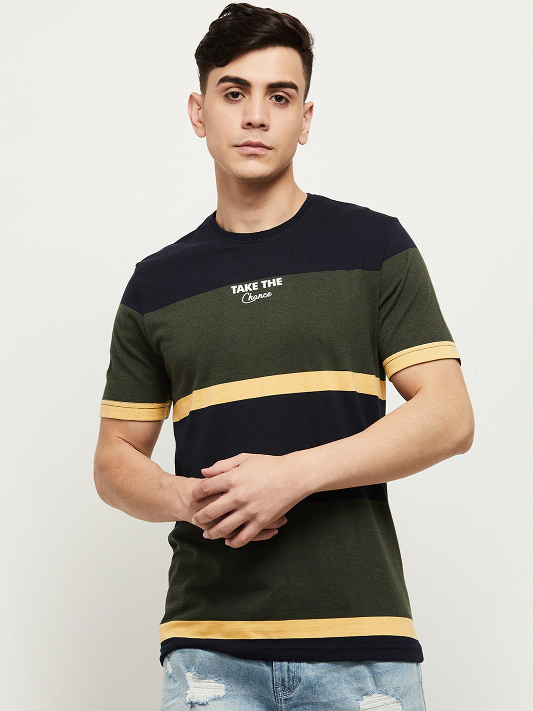 

max Men Green Striped T-shirt