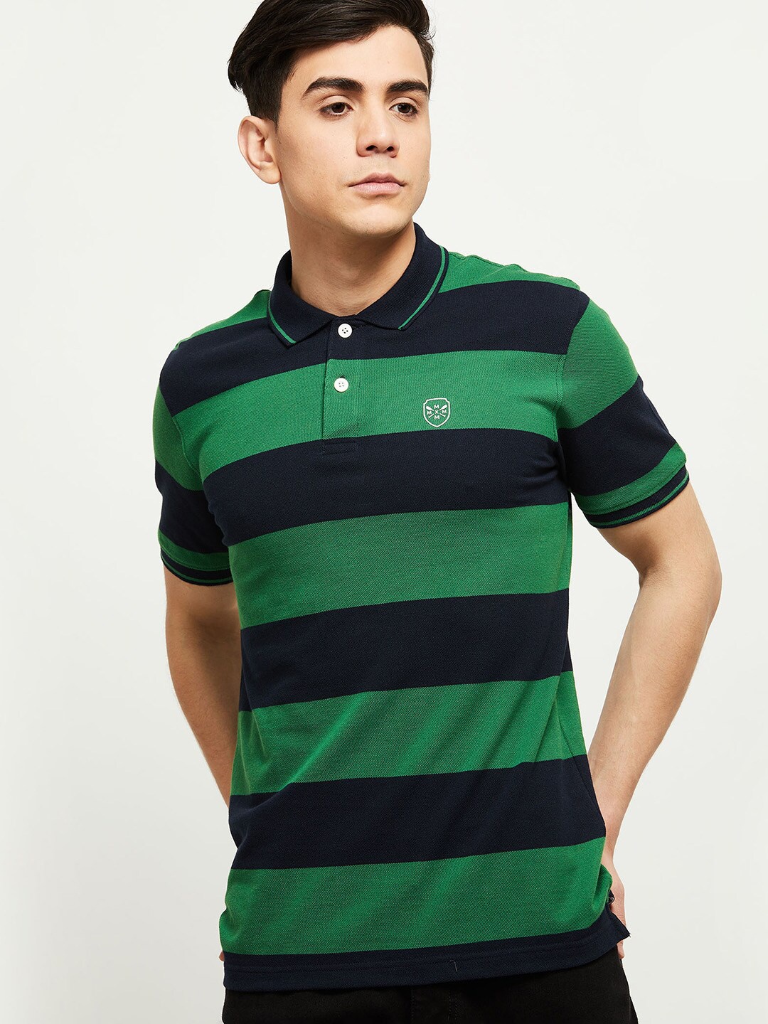 

max Men Green & Black Striped Polo Collar T-shirt