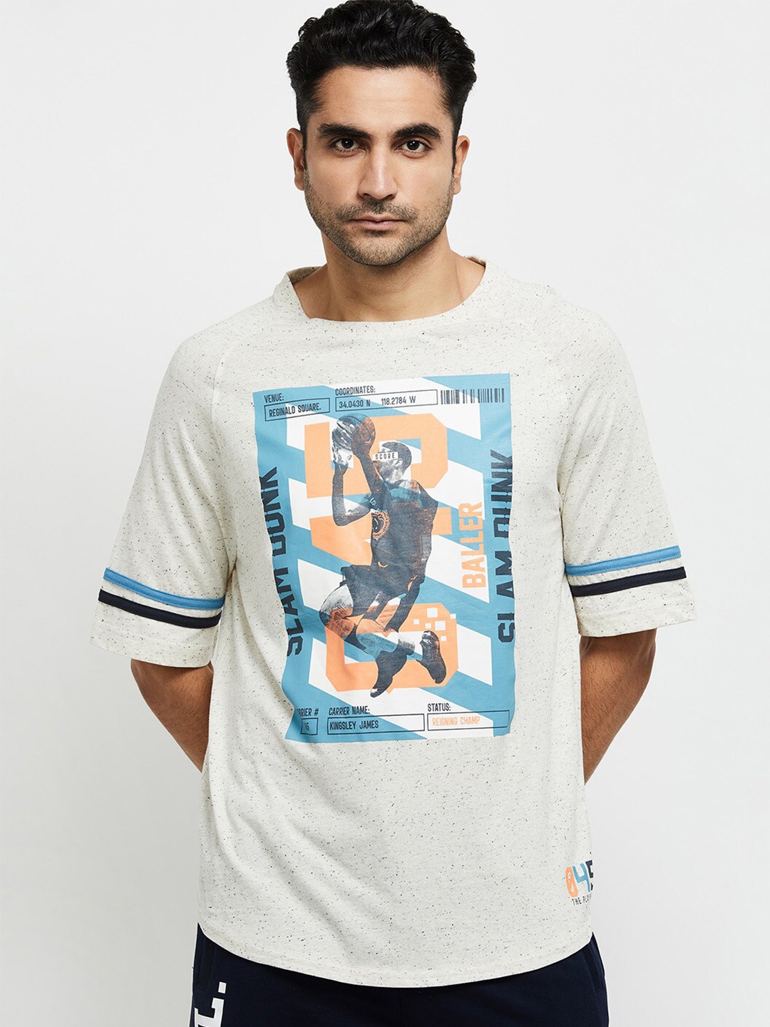 

max Men Beige Typography Printed Applique T-shirt