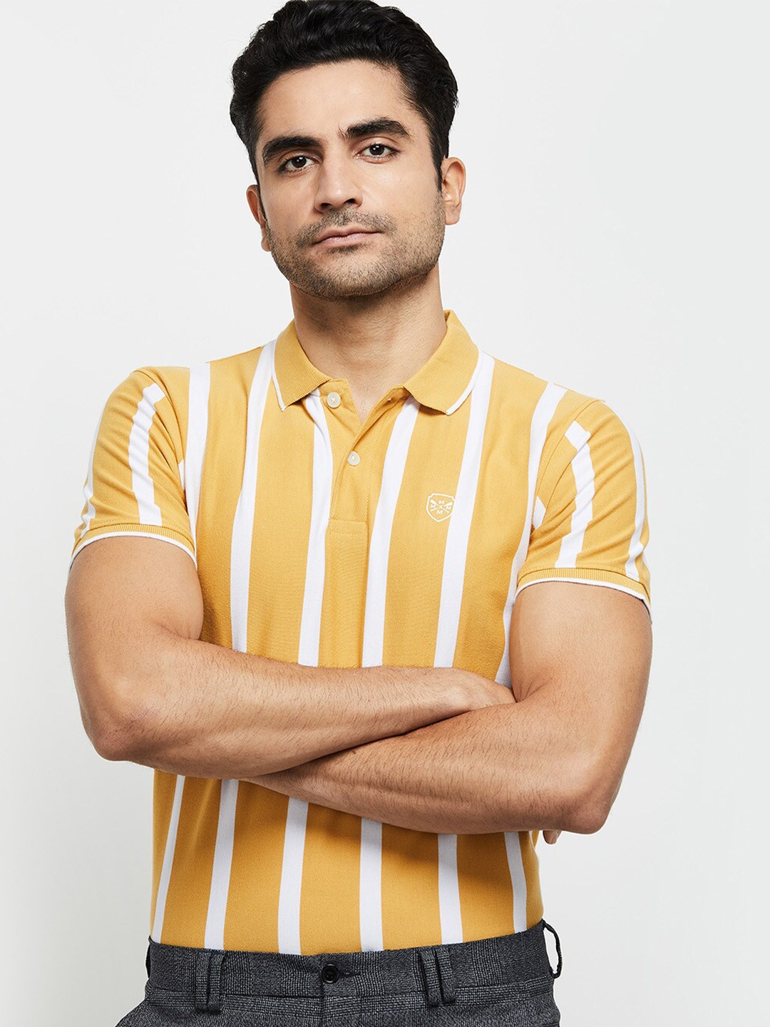 

max Men Mustard Yellow & White Striped Polo Collar T-shirt