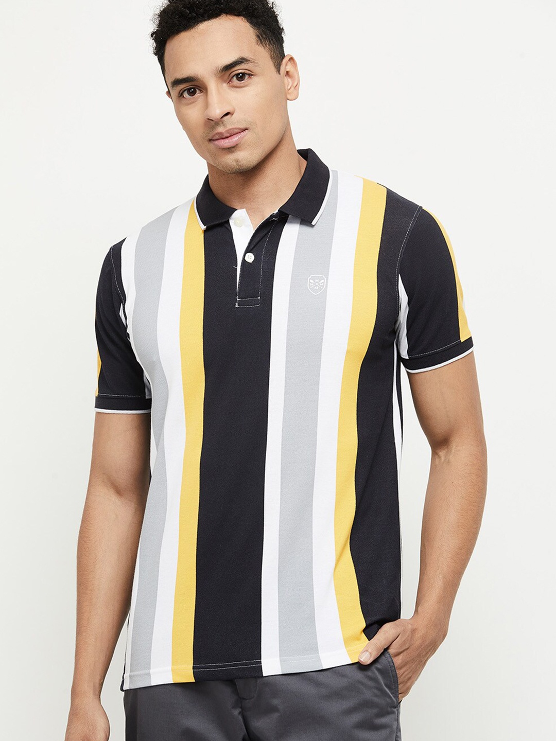 

max Men Grey & Black Striped Polo Collar Regular-Fit T-shirt