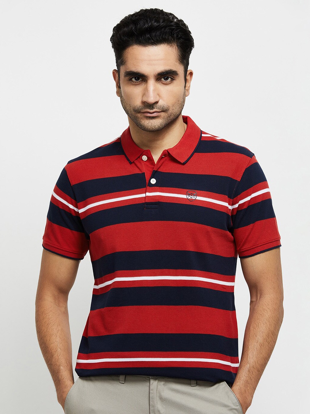

max Men Red & Navy Blue Striped Polo Collar T-shirt