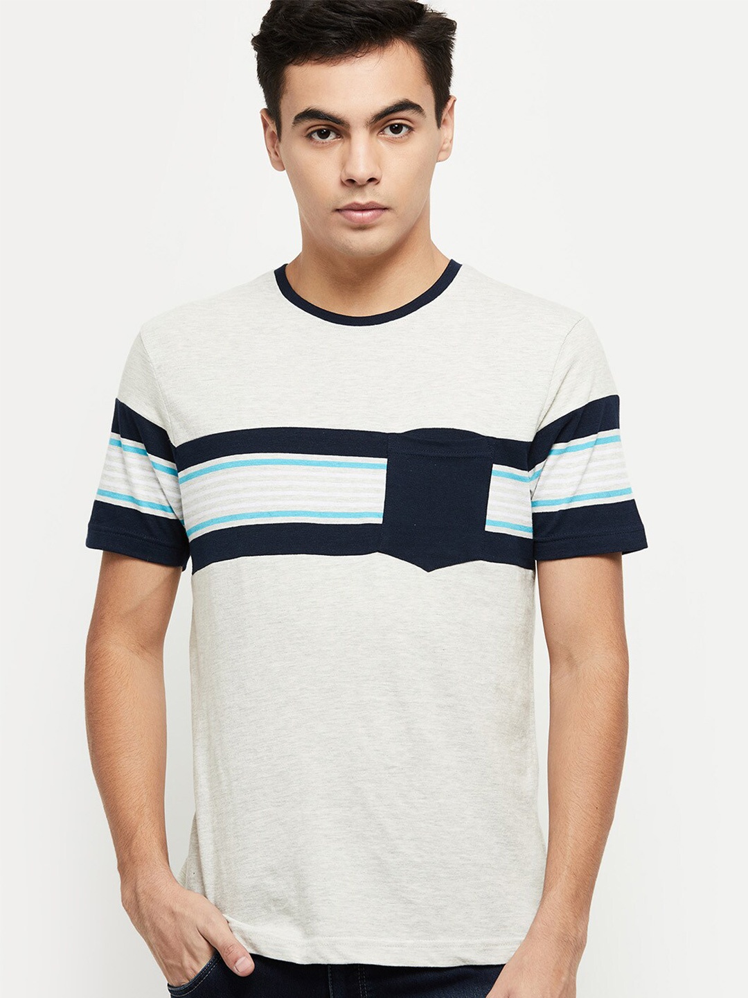 

max Men Beige & Navy Blue Striped T-shirt