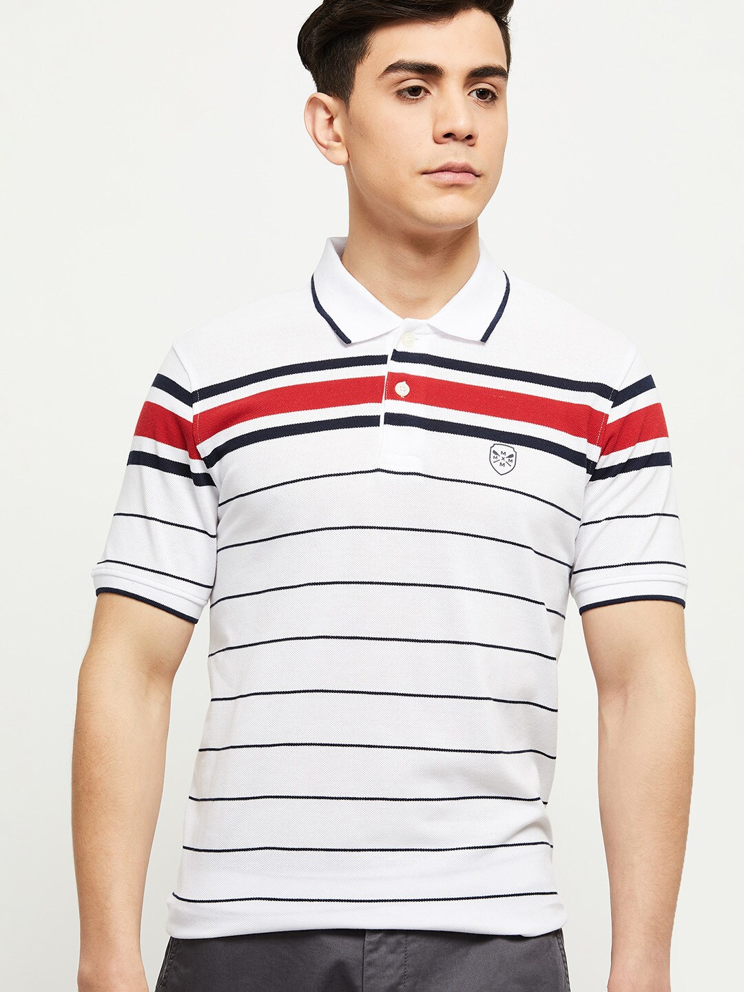 

max Men White Striped Polo Collar Regular Fit T-shirt