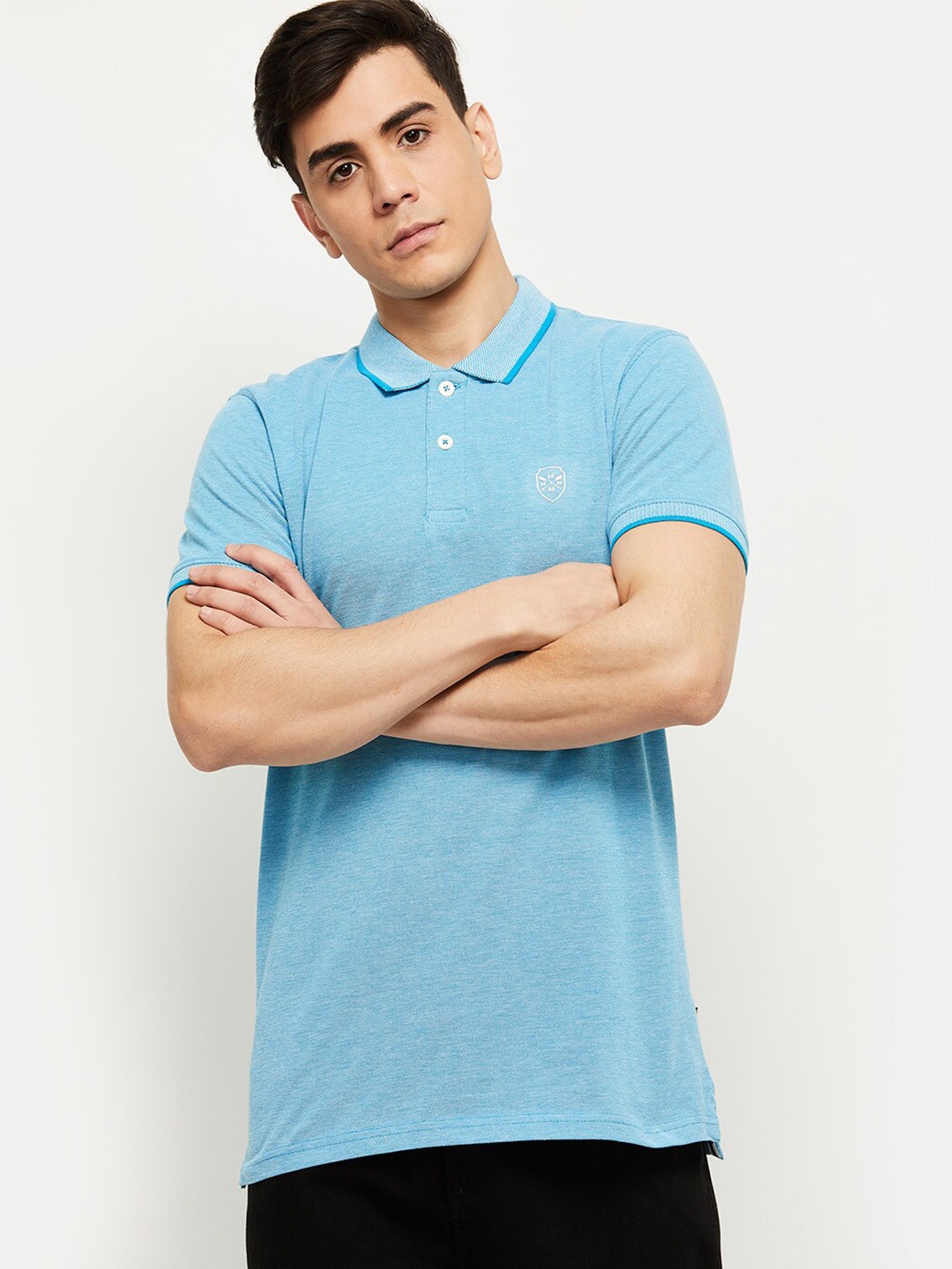 

max Men Blue Polo Collar Raw Edge T-shirt