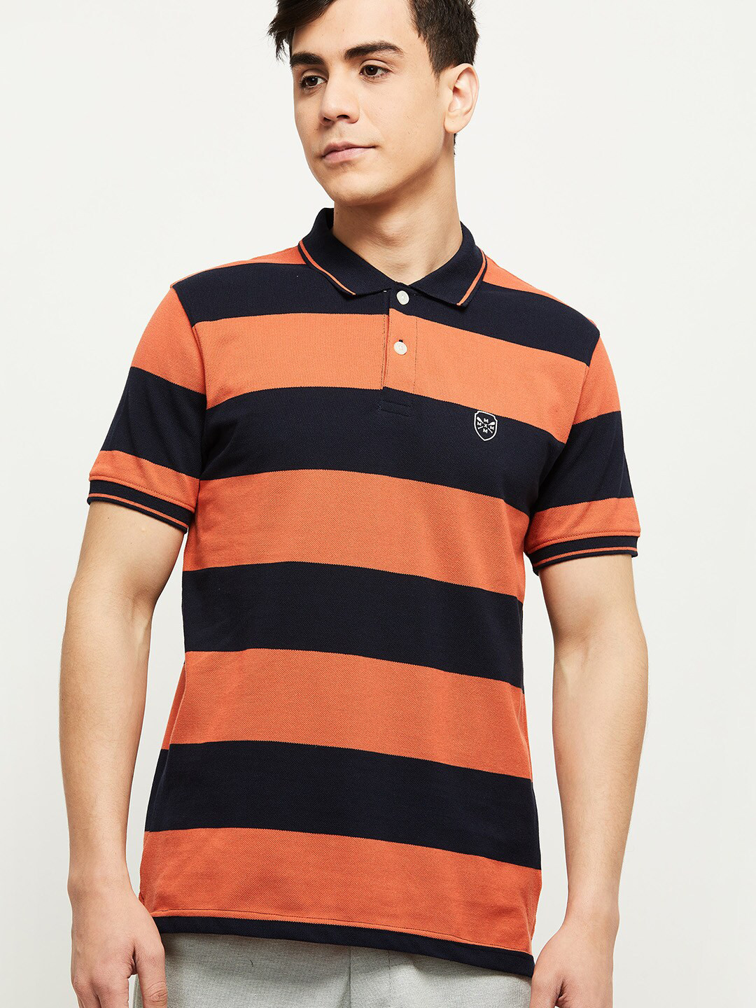 

max Men Orange Striped Polo Collar Applique T-shirt