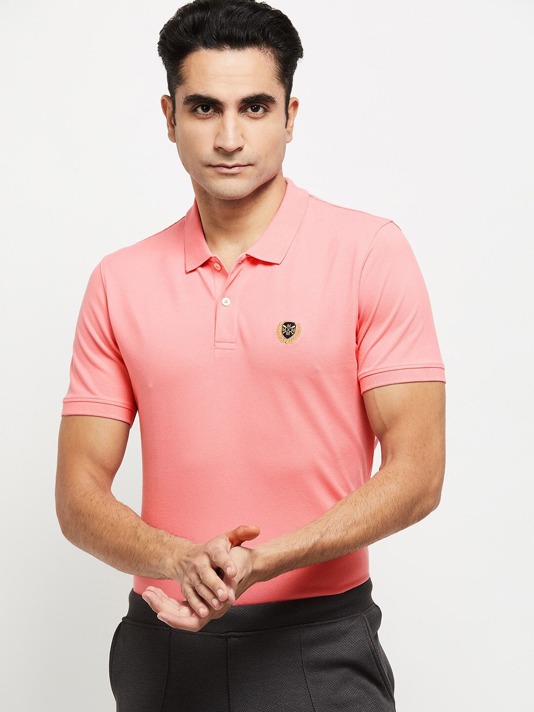 

max Men Pink Polo Collar Applique T-shirt