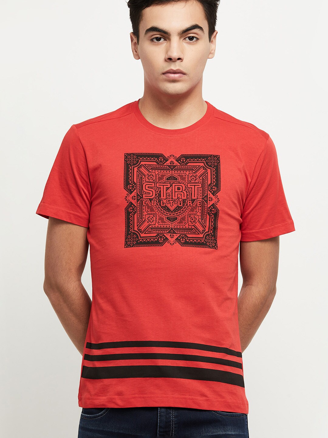 

max Men Red Printed Pure Cotton T-shirt