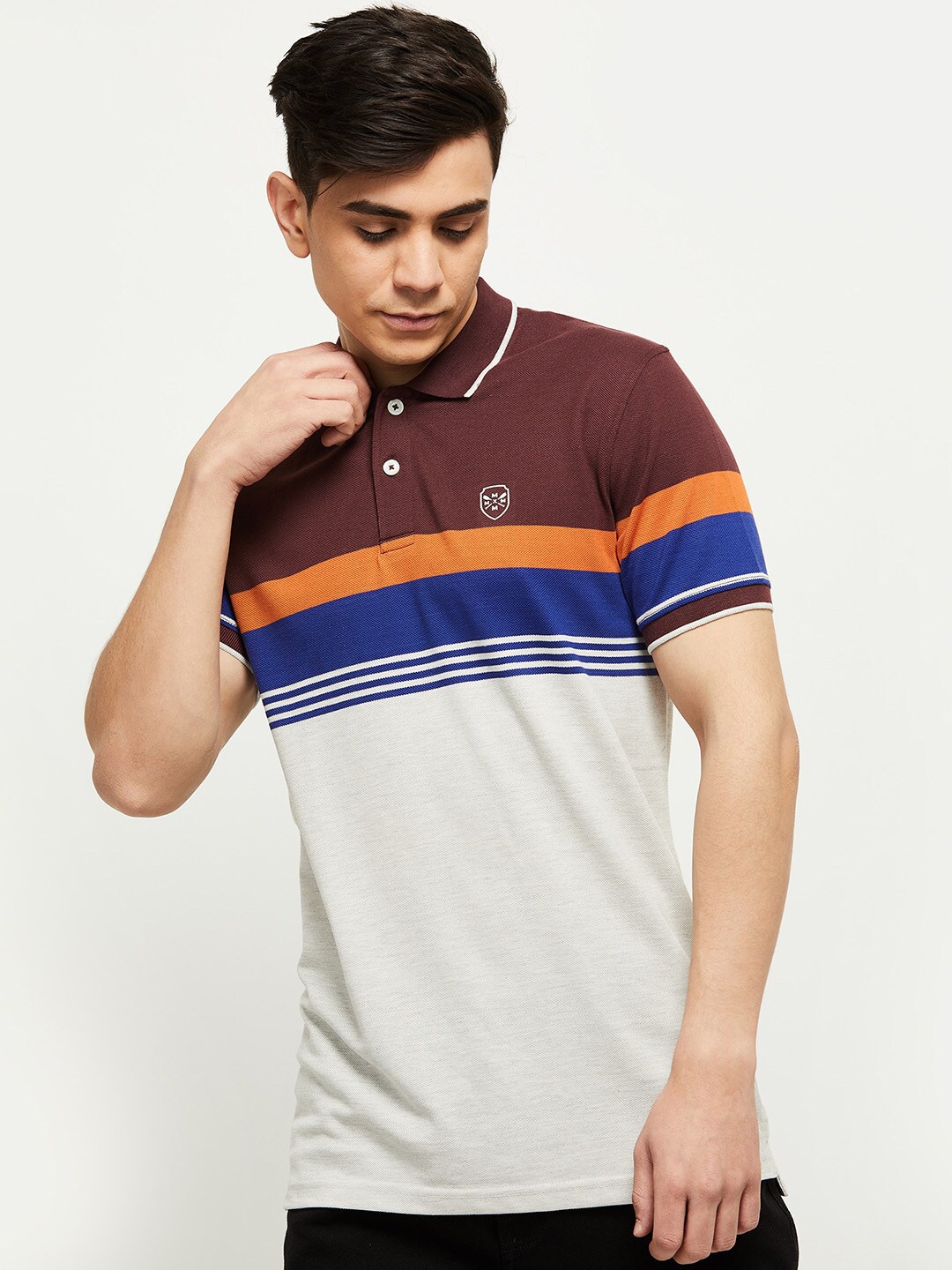 

max Men Red & Off White Striped Polo Collar Cotton T-shirt