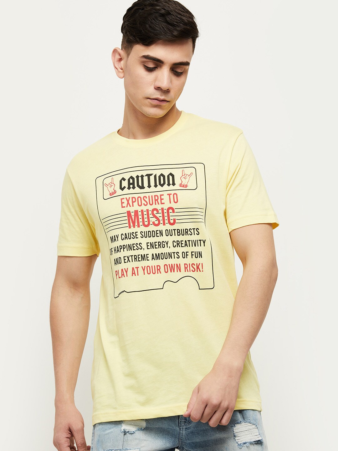 

max Men Yellow Typography Printed Regular Fit Pure Cotton T-shirt