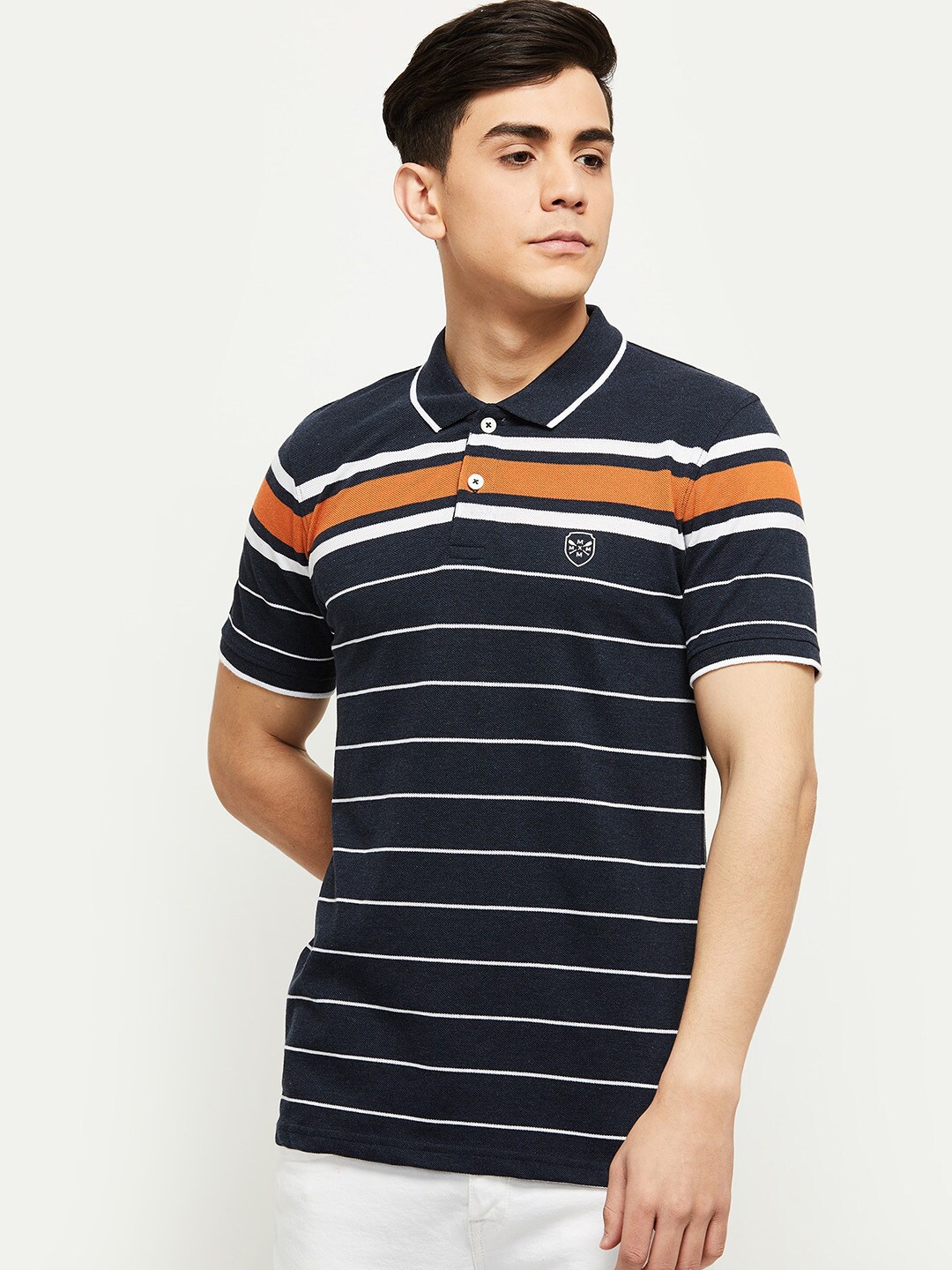 

max Men Navy Blue Striped Polo Collar Regular-Fit T-shirt