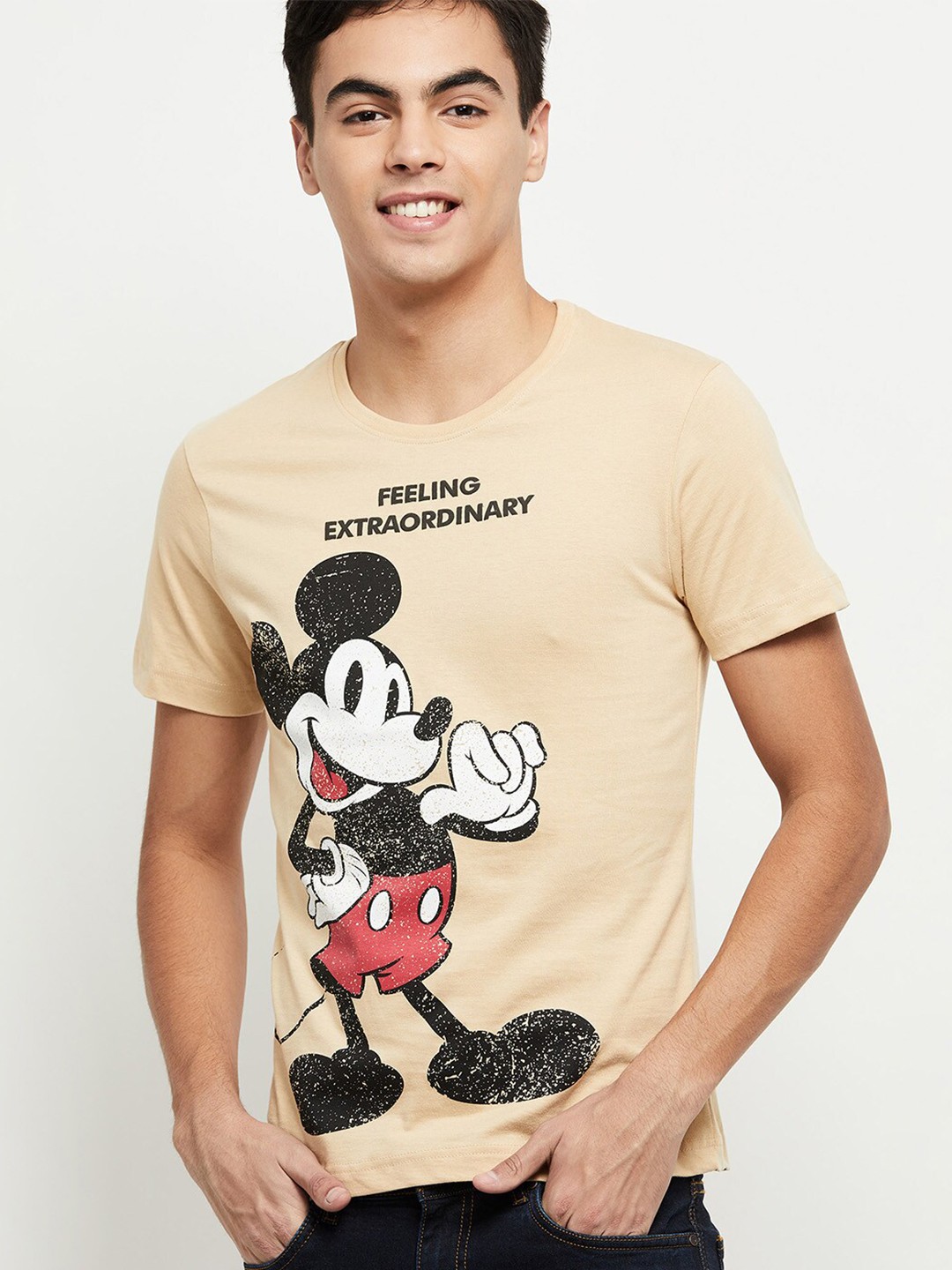 

max Men Beige Mickey Mouse Printed Cotton T-shirt