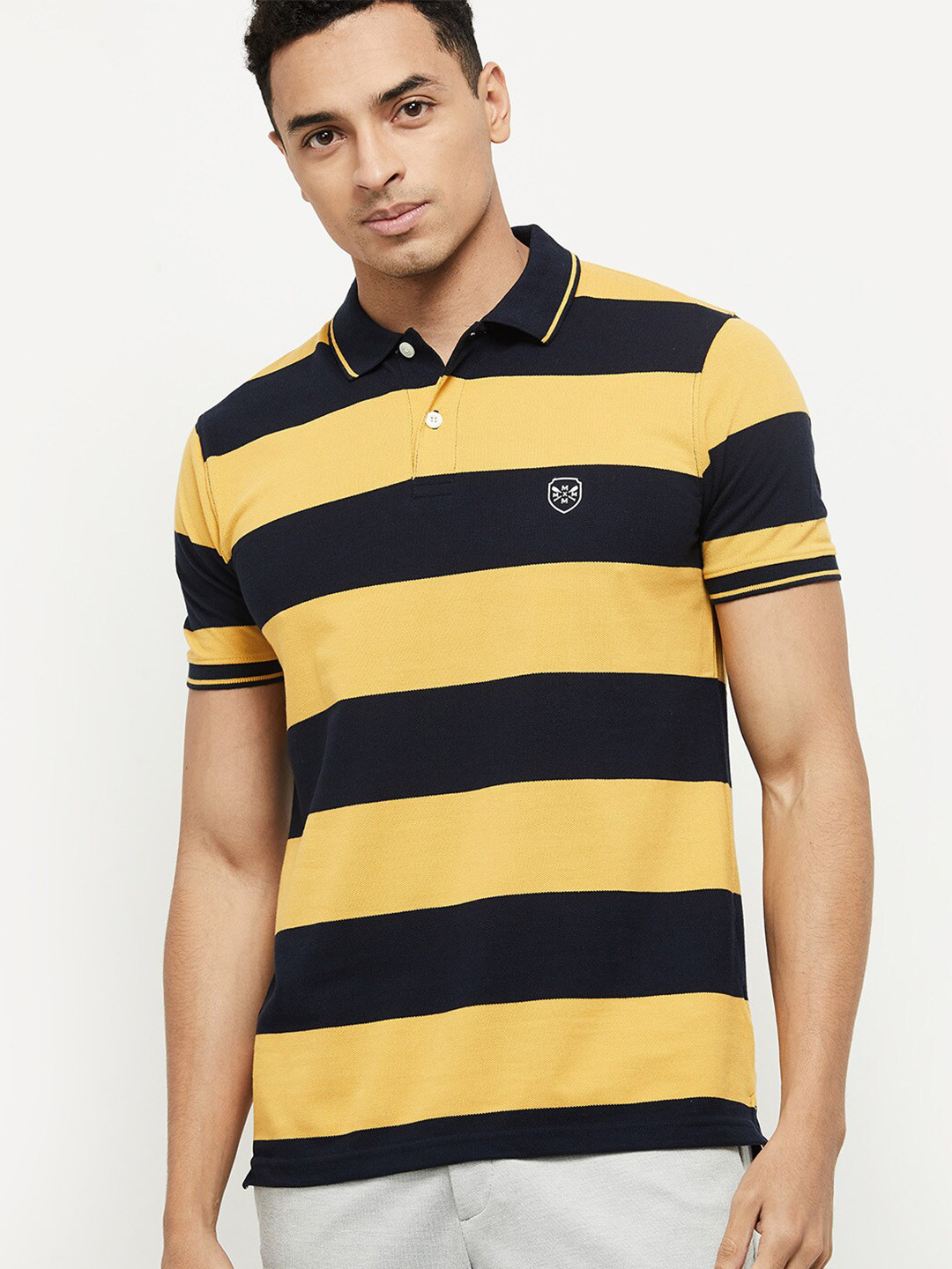 

max Men Yellow & Black Striped Polo Collar T-shirt