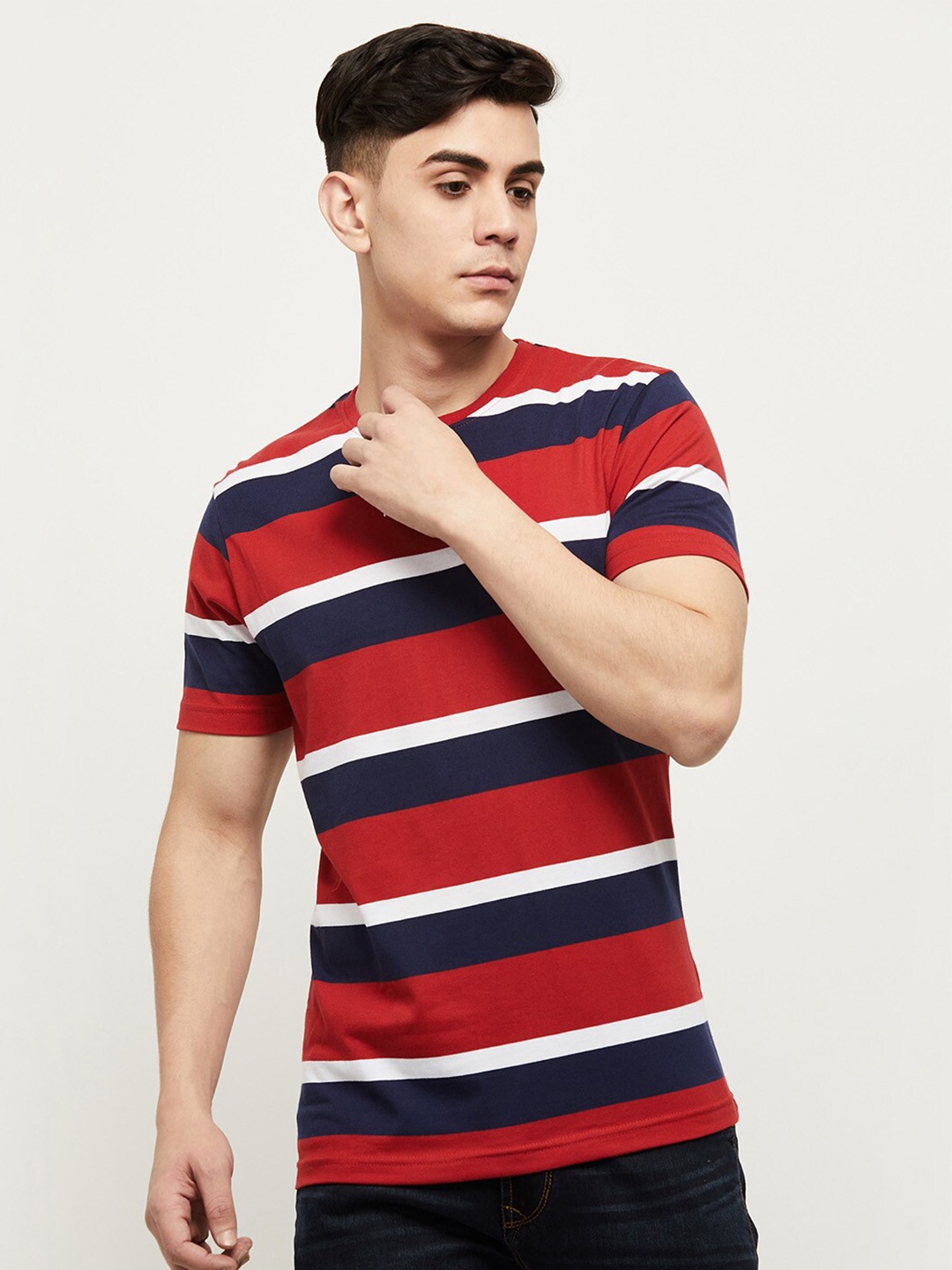 

max Men Red Striped Polo Collar T-shirt