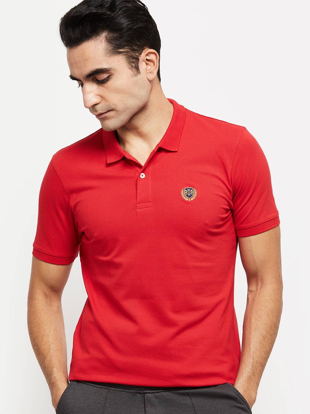 

max Men Red Polo Collar Applique T-shirt