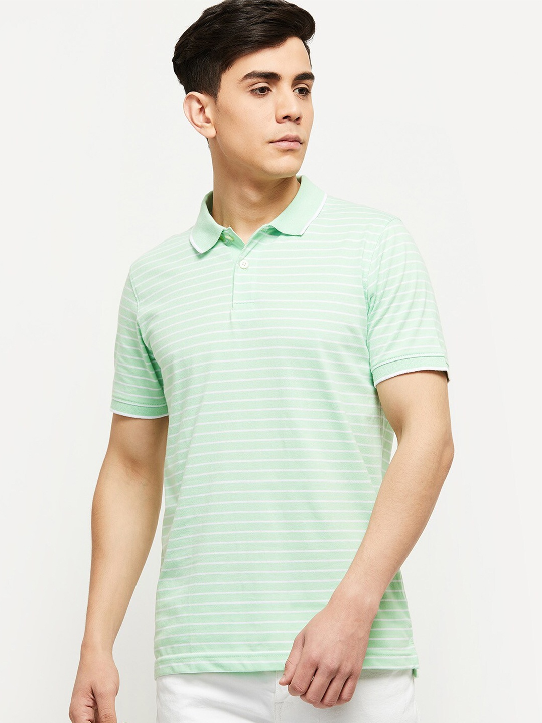 

max Men Green Striped Polo Collar T-shirt