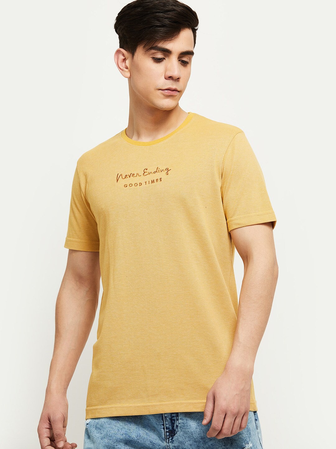 

max Men Yellow Typography Printed T-shirt