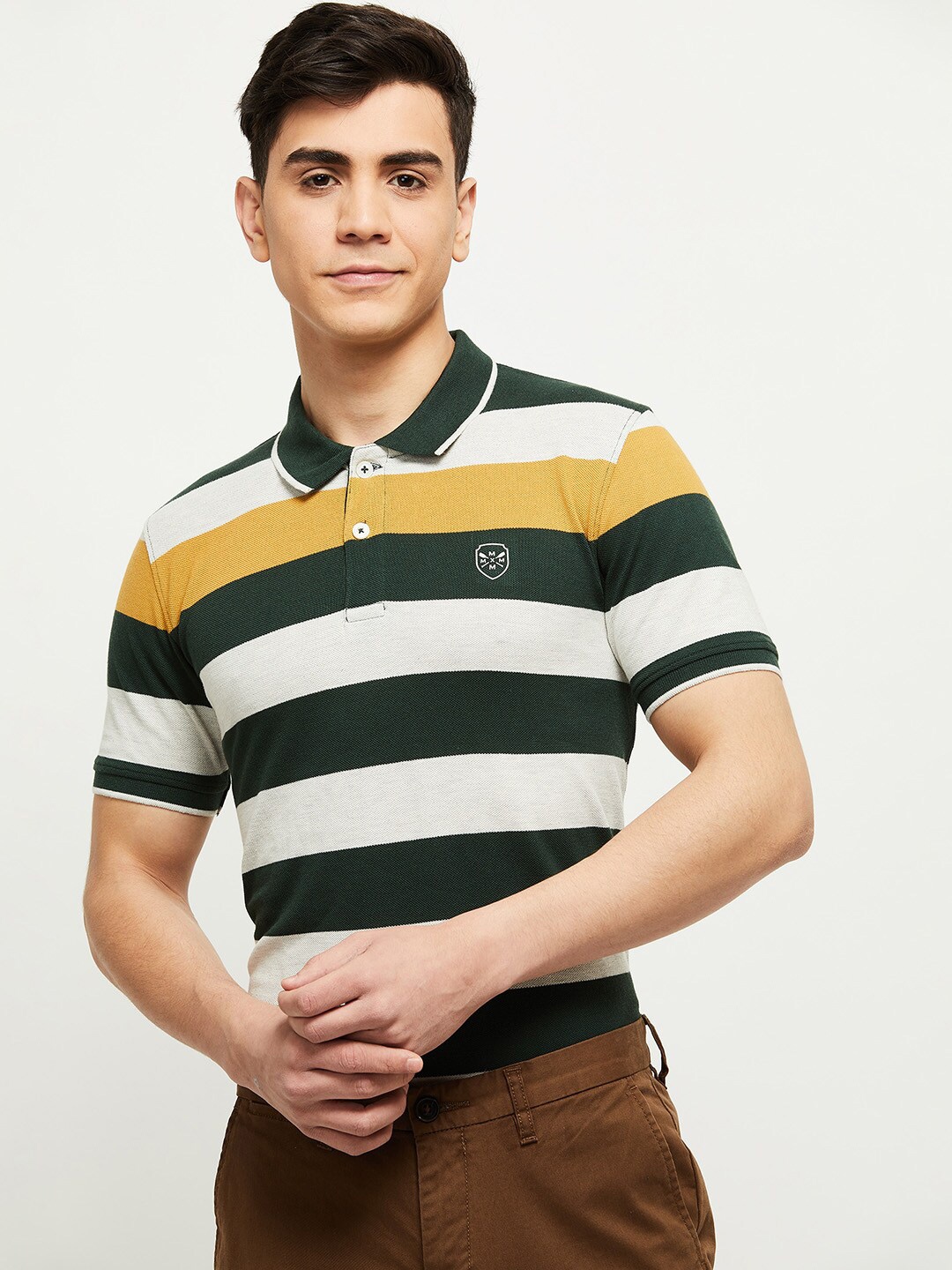 

max Men Green Striped Polo Collar Applique T-shirt