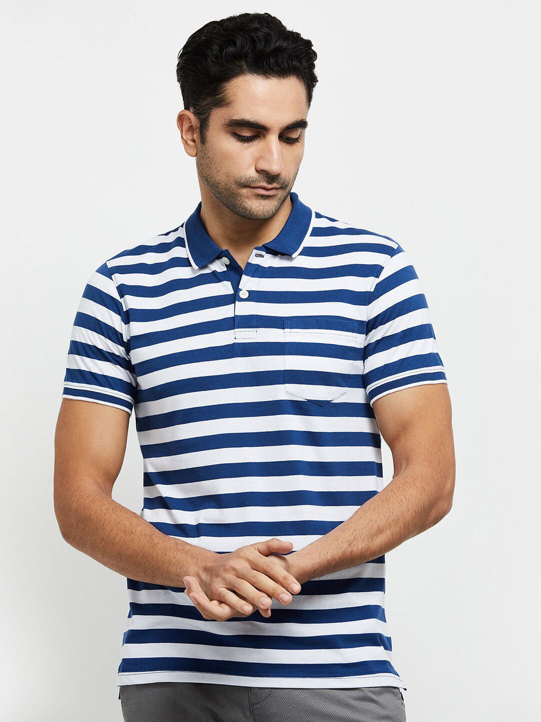 

max Men Blue & White Striped Polo Collar T-shirt