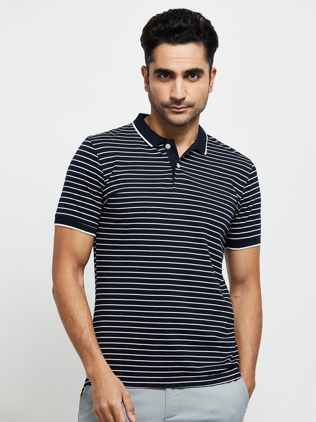 

max Men Navy Blue Striped Polo Collar T-shirt