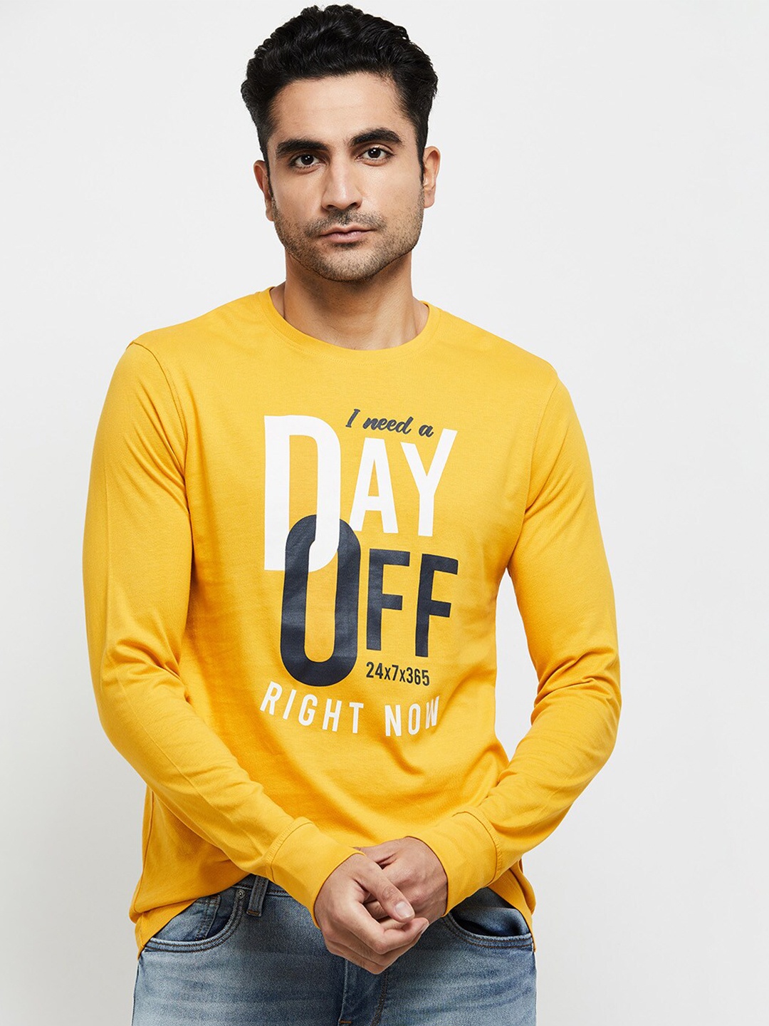 

max Men Yellow Typography Printed T-shirt