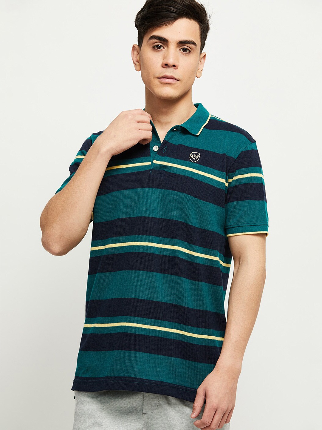 

max Men Teal & Black Striped Polo Collar Cotton T-shirt