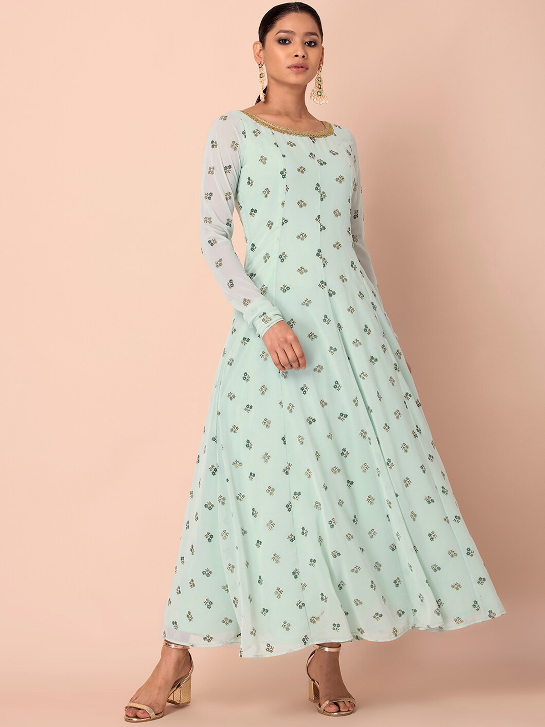 

INDYA Women Green Geometric Embellished Flared Sleeves Gotta Patti Georgette Anarkali Kurta