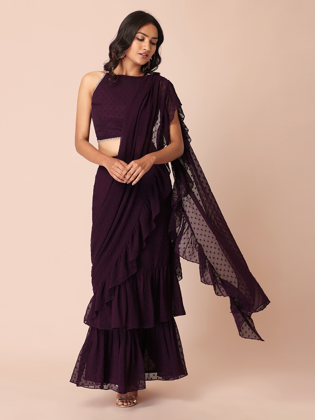 

INDYA Women Plum-Colored Swiss Dot Ruffle Saree Skirt, Purple