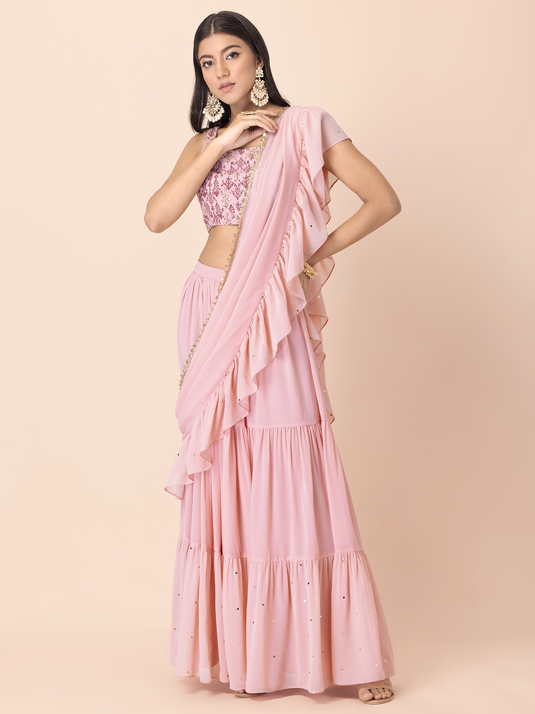 

INDYA Women Pink Solid Tiered Skirt With Attached Ruffled Dupatta