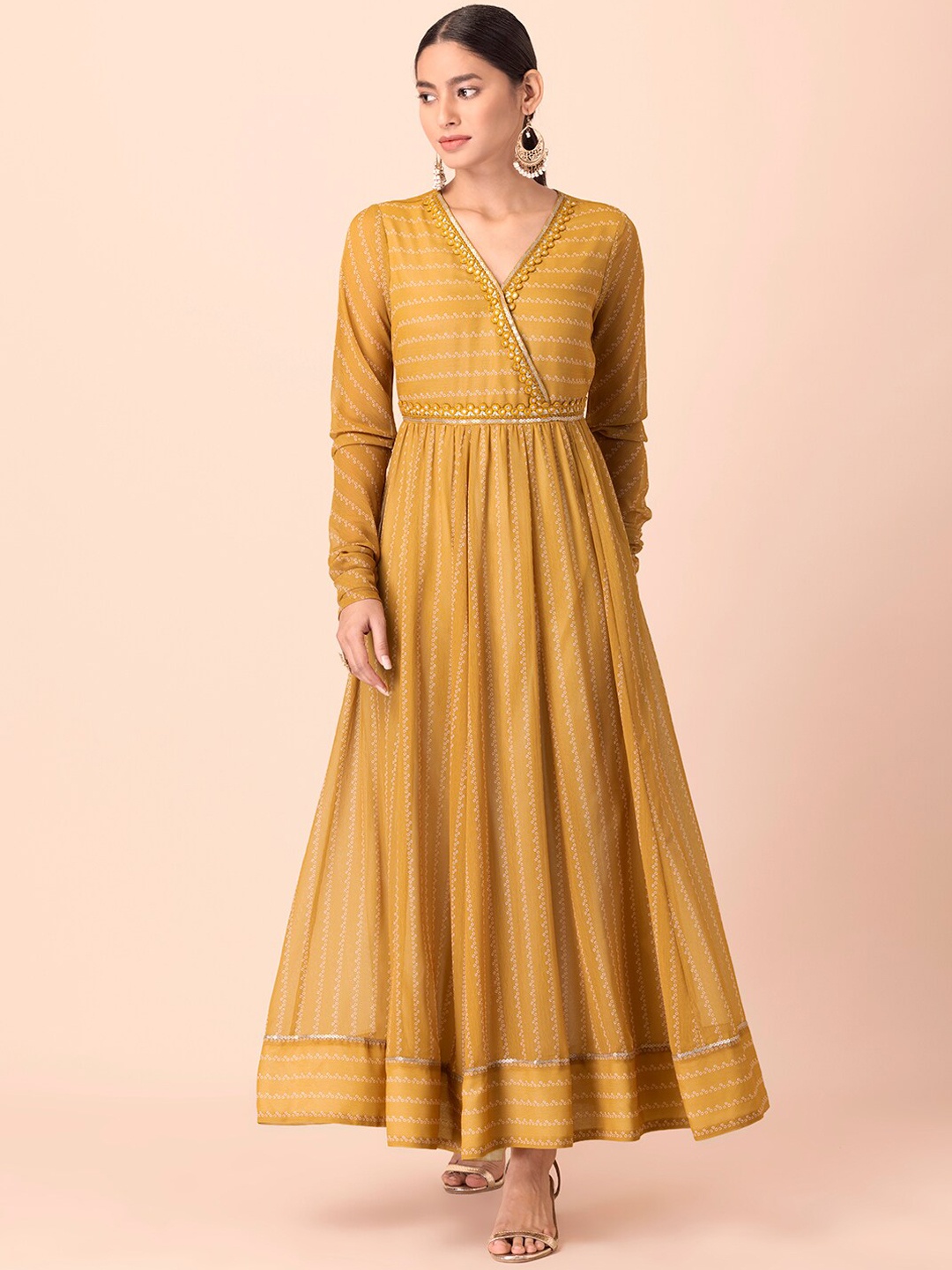 

INDYA Women Yellow Bandhani Printed Sequin Anarkali Kurta