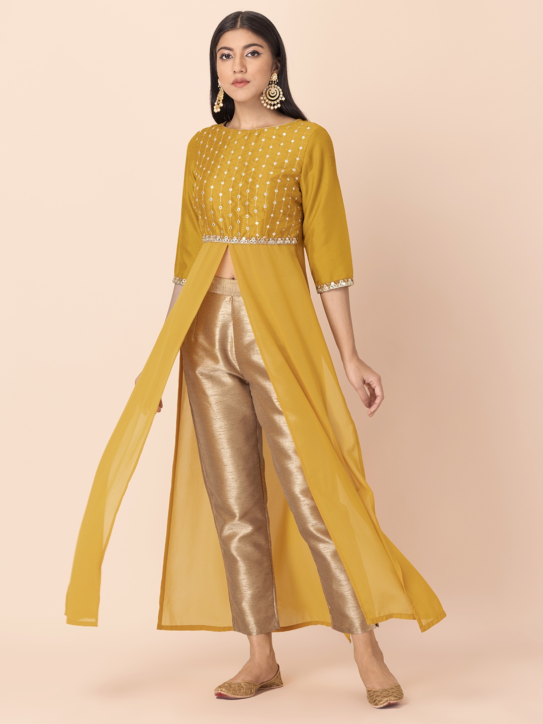 

Rang by Indya Mustard Yellow Yoke Design Gotta Patti High Slit Kurta