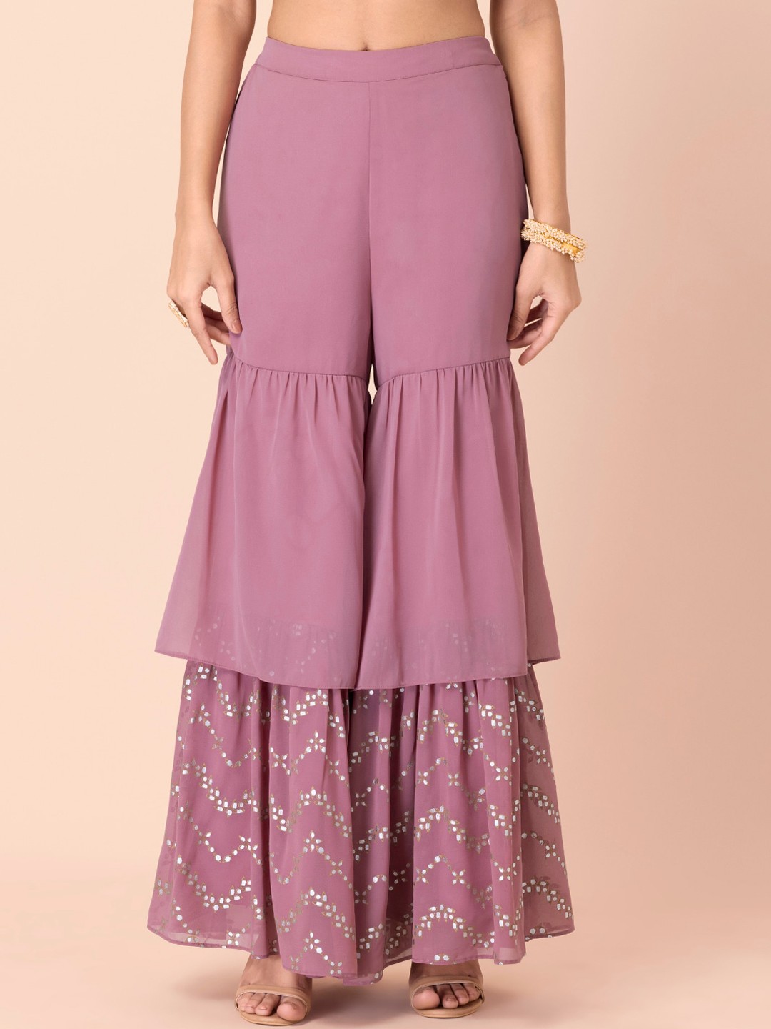 

INDYA Women Pink Ethnic Motifs Foil Print Sharara