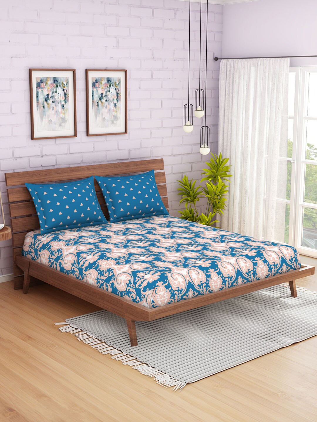 

SPACES Blue Ethnic Motifs 144 TC Cotton Queen Bedsheet with 2 Pillow Covers