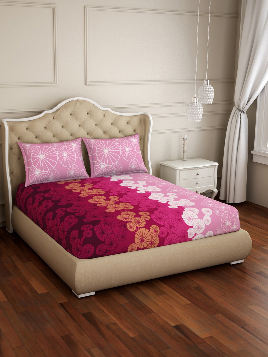 

SPACES Pink Floral 144 TC Cotton Queen Bedsheet with 2 Pillow Covers