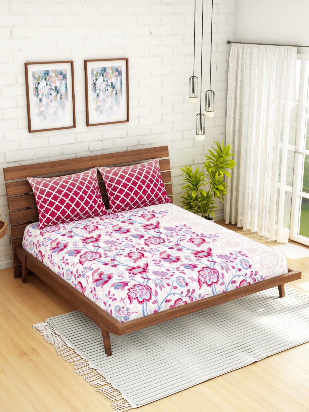

SPACES Pink Floral 144 TC Pure Cotton Queen Bedsheet with 2 Pillow Covers