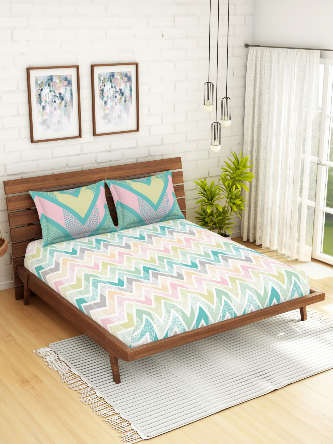 

SPACES Sea Green & Pink Geometric 144 TC Cotton Queen Bedsheet with 2 Pillow Covers