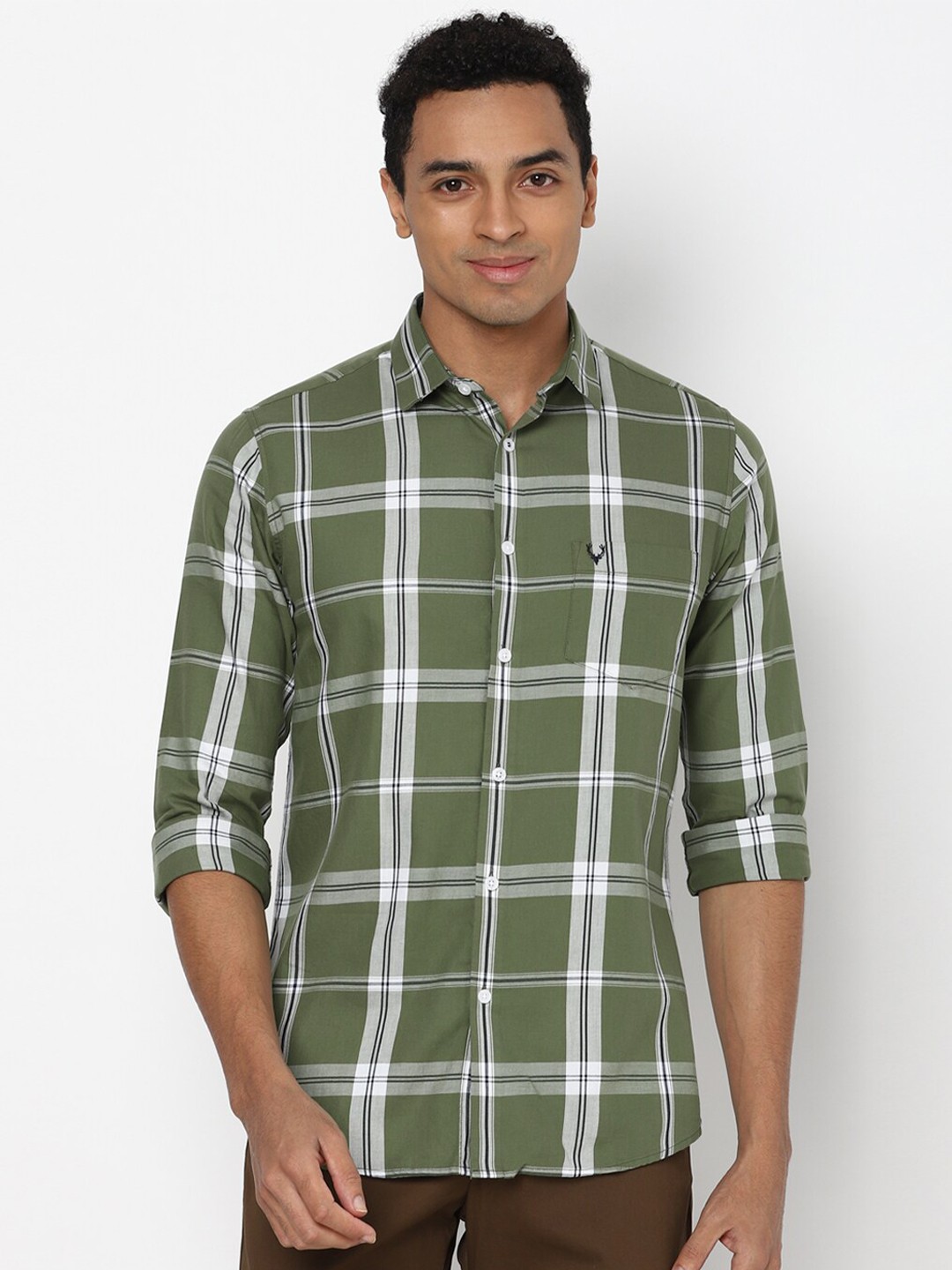 

Allen Solly Men Olive Green Slim Fit Checked Pure Cotton Casual Shirt