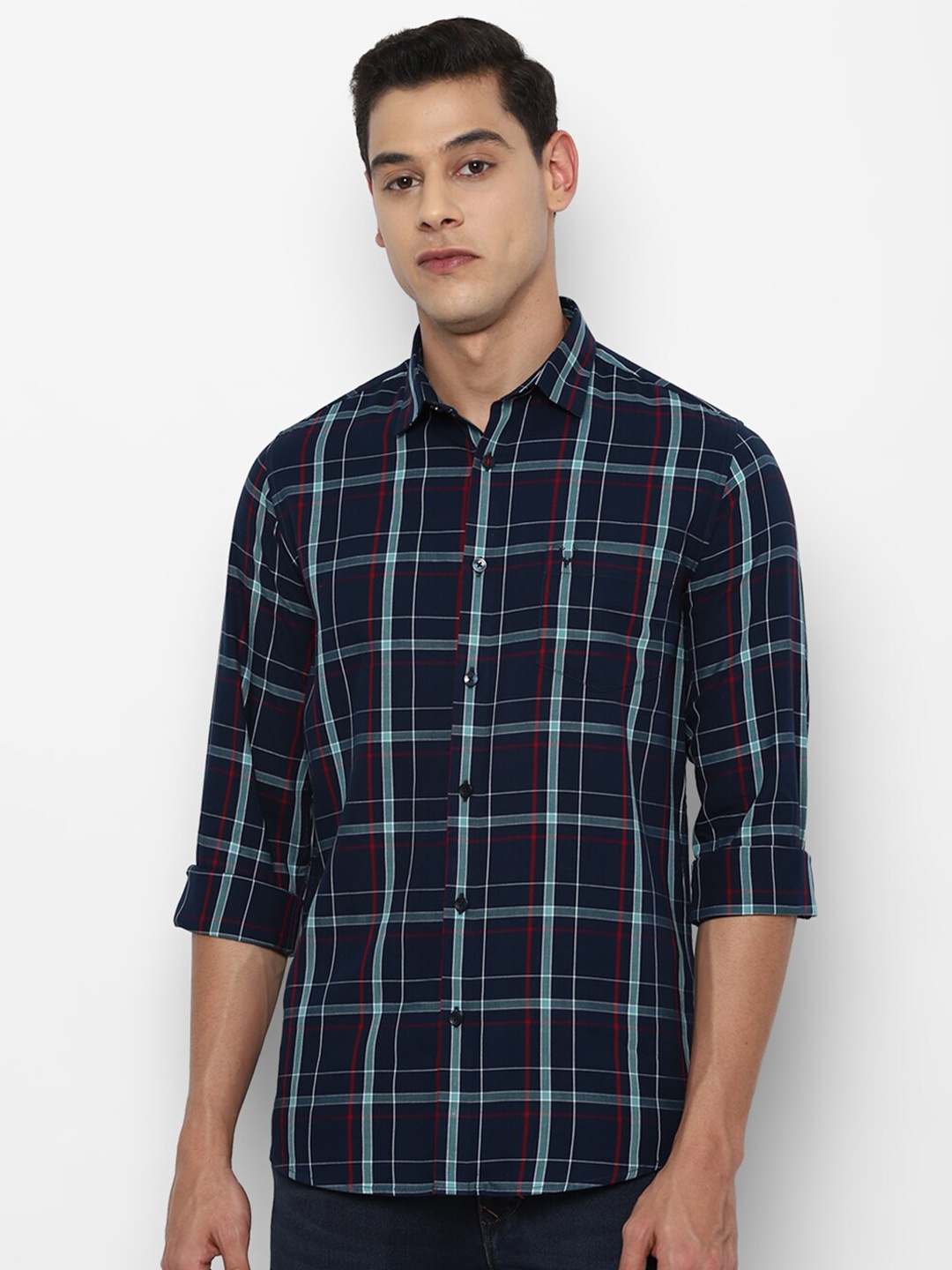 

Allen Solly Men Navy Blue & Red Slim Fit Checked Cotton Casual Shirt