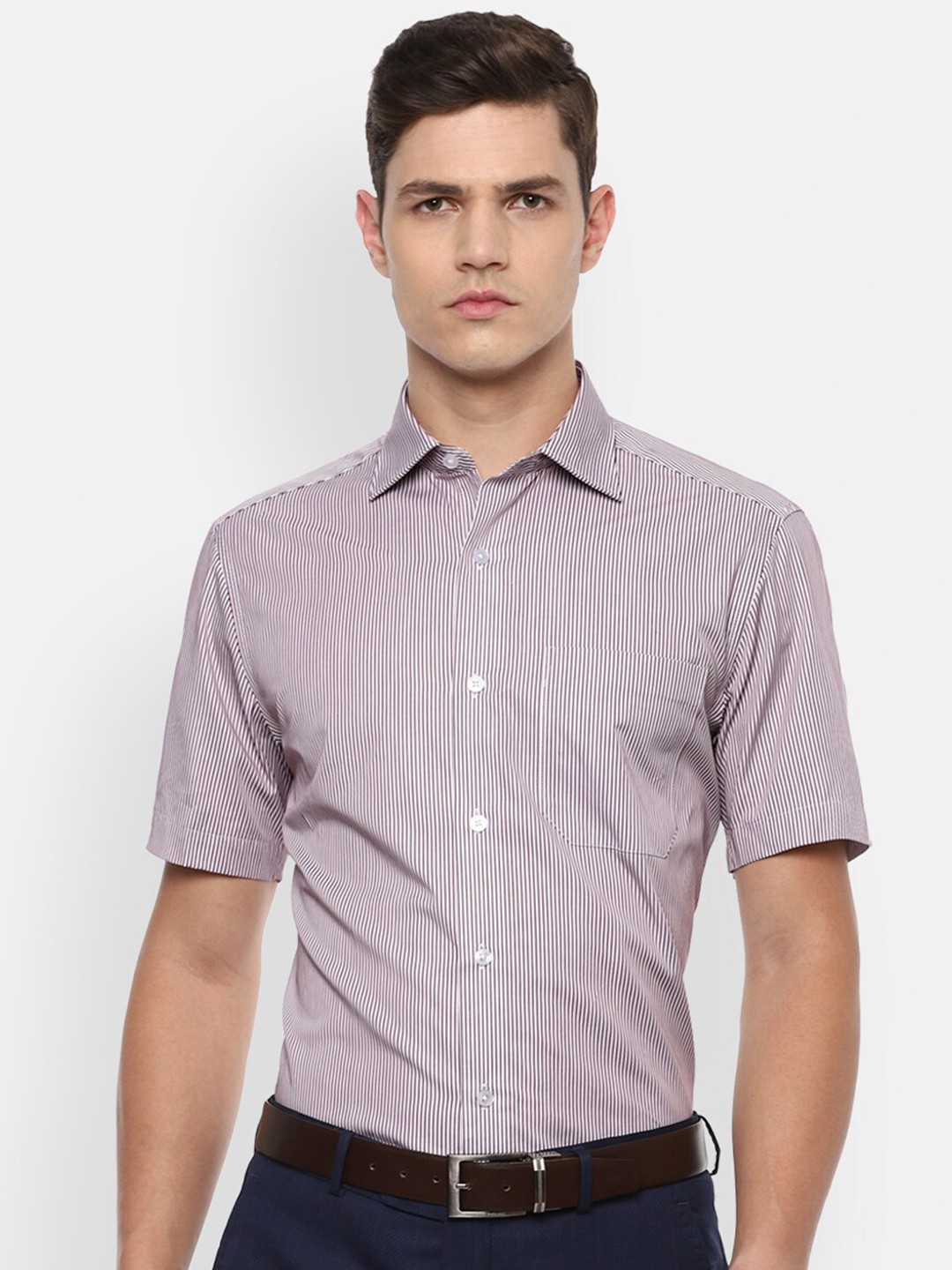 

Louis Philippe Men Purple Striped Pure Cotton Formal Shirt