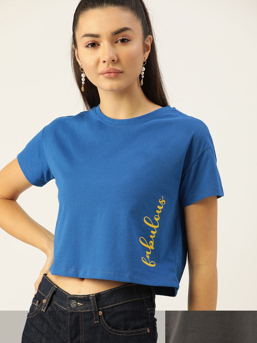 

DressBerry Women Pack of 2 Typography Print T-shirts, Blue