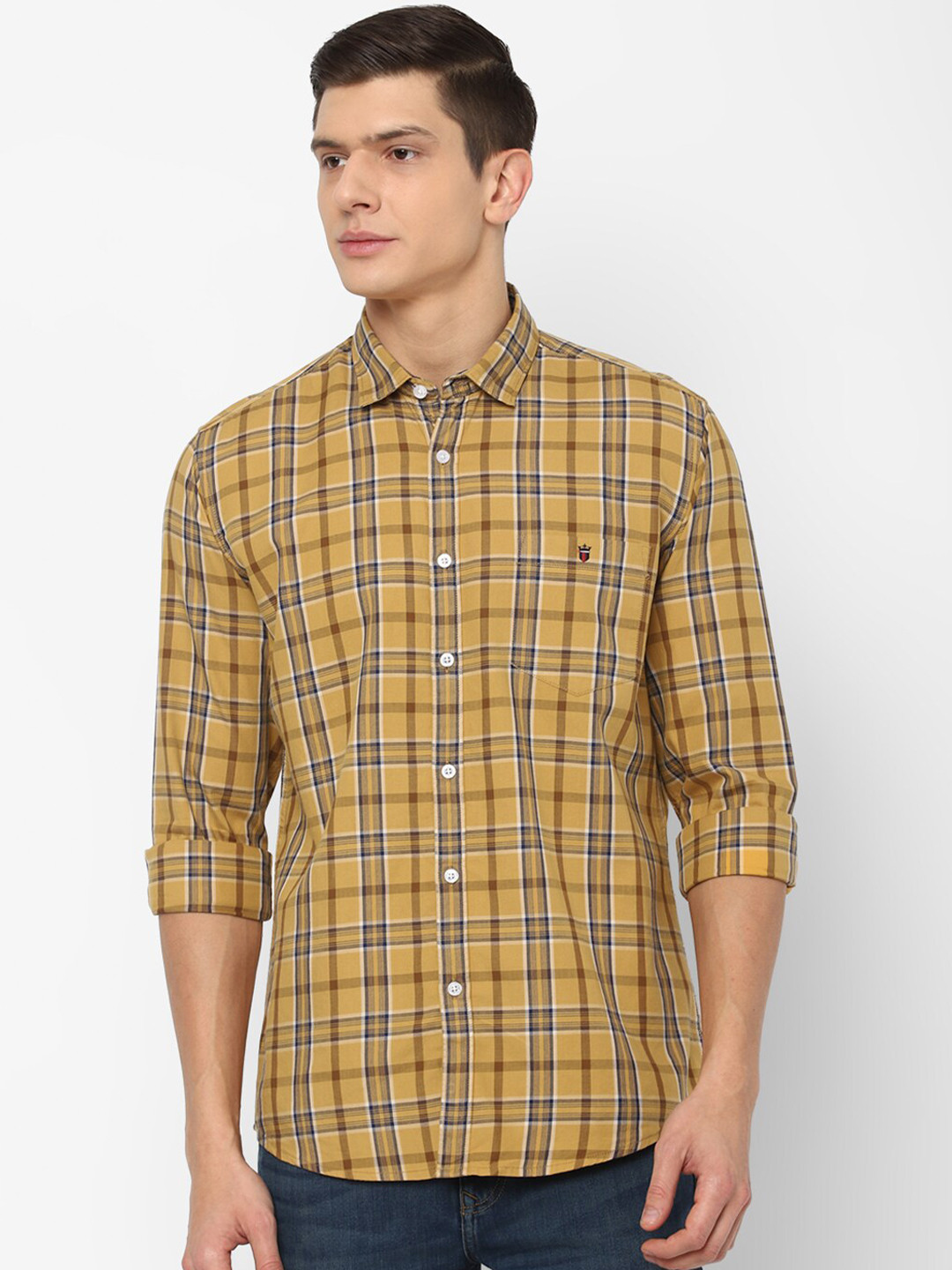 

Louis Philippe Jeans Men Mustard Slim Fit Tartan Checks Pure Cotton Casual Shirt