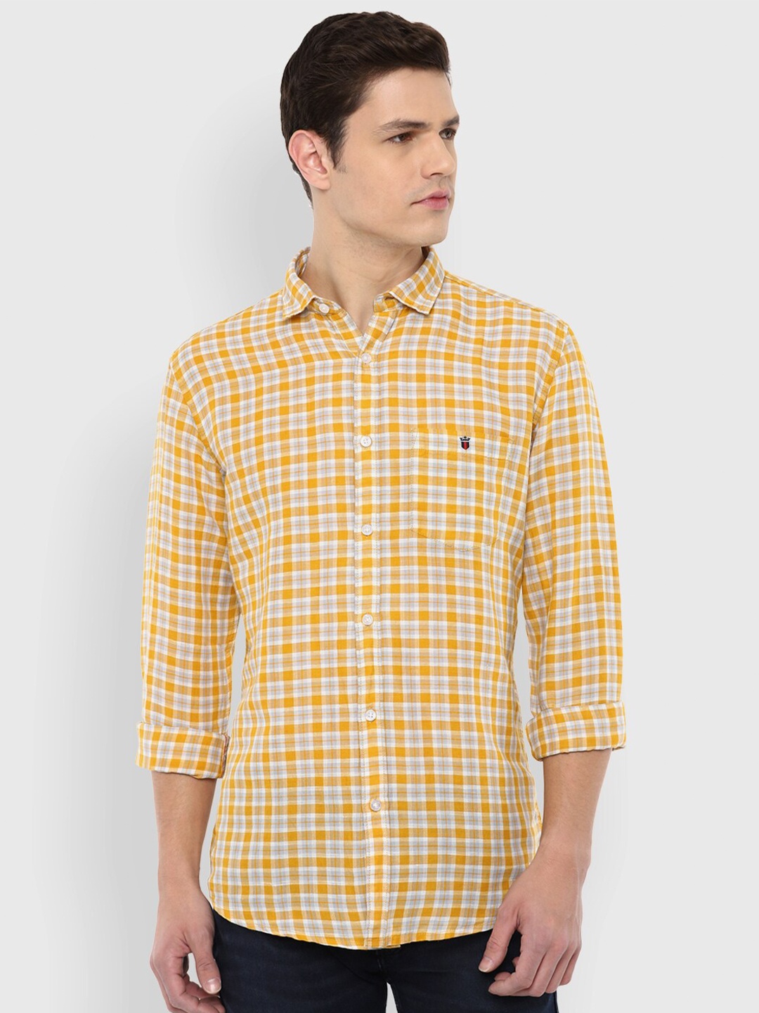 

Louis Philippe Jeans Men Yellow & Grey Slim Fit Linen Cotton Checked Casual Shirt