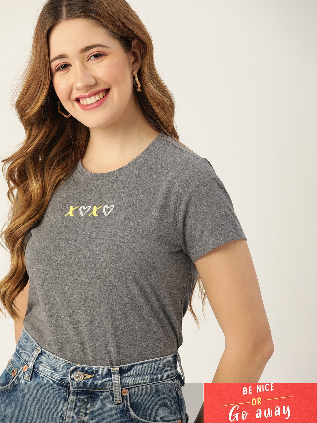 

DressBerry Women Pack of 2 Typography Print T-shirts, Grey melange